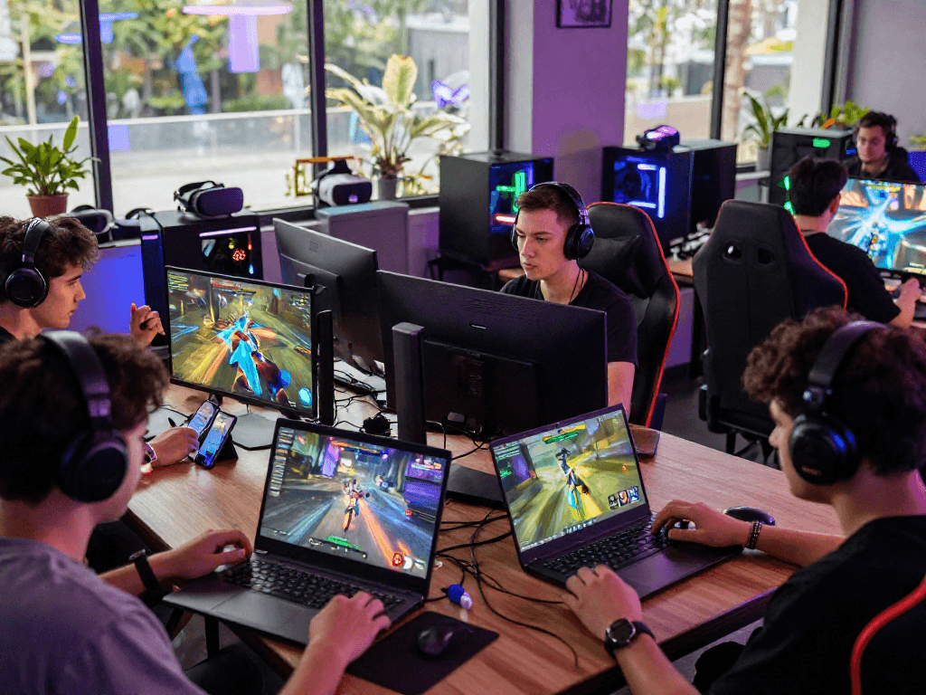 Exciting scene of gamers enjoying online sex games on multiple devices in a vibrant gaming lounge.