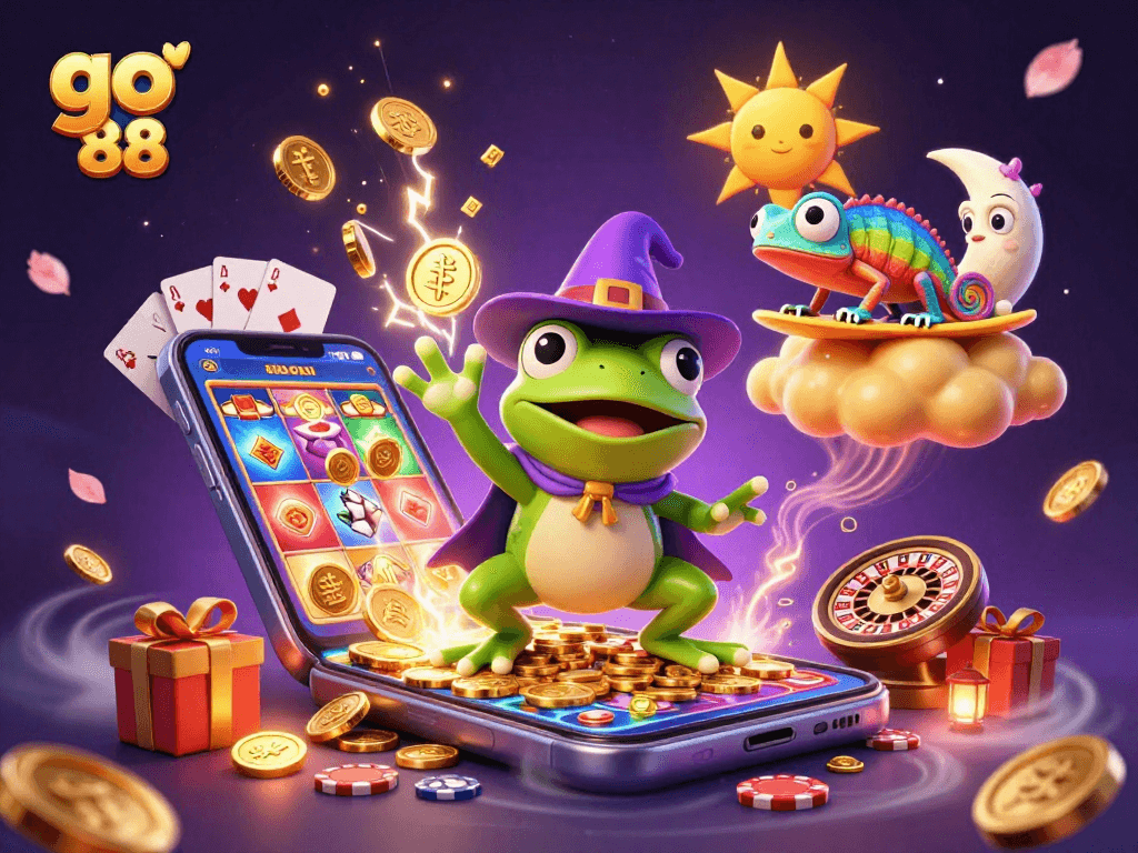 Experience the thrill at go 88 with a wizard frog and vibrant gaming elements in 3D.