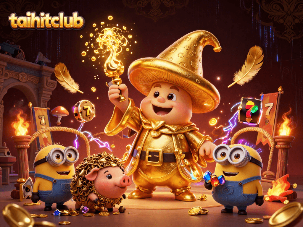 Engage with taihitclub in a vibrant 3D scene featuring a magical wizard and treasures.