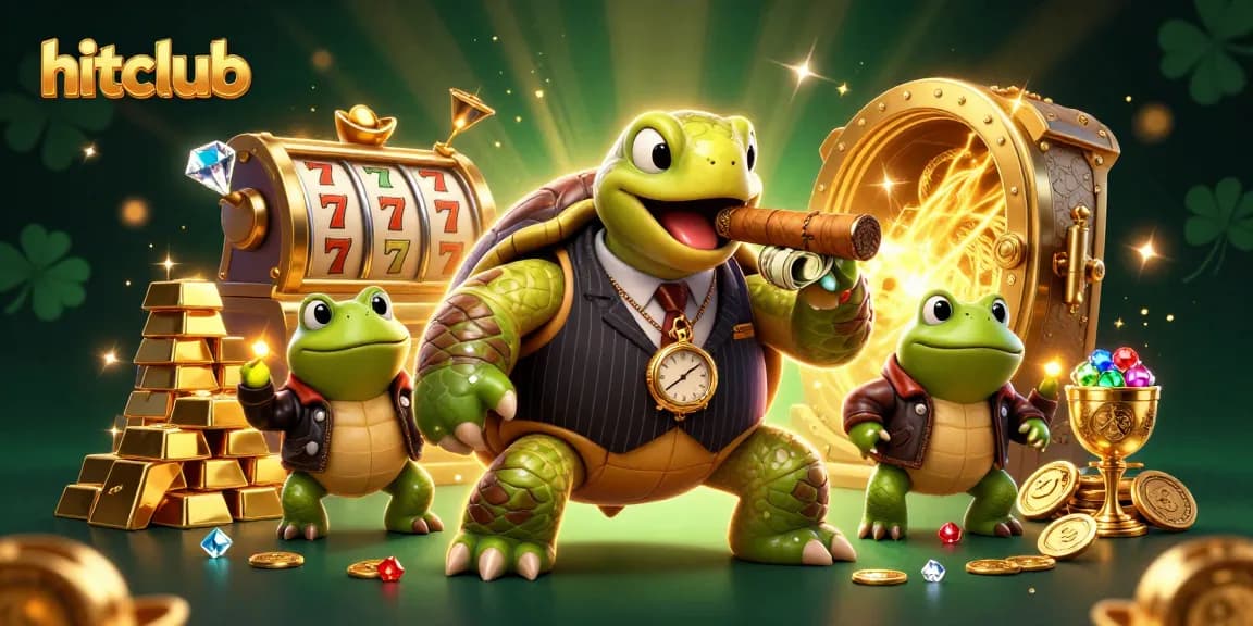 Hitclub's vibrant 3D casino scene showcasing a mobster turtle and bullfrog enforcers among slot reels and treasure.
