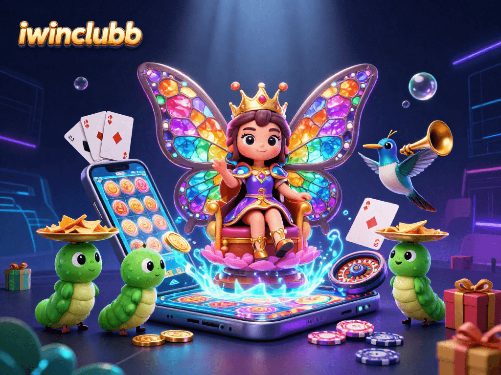 Experience iwinclubb's vibrant casino realm with a dazzling butterfly queen and dynamic gaming elements.