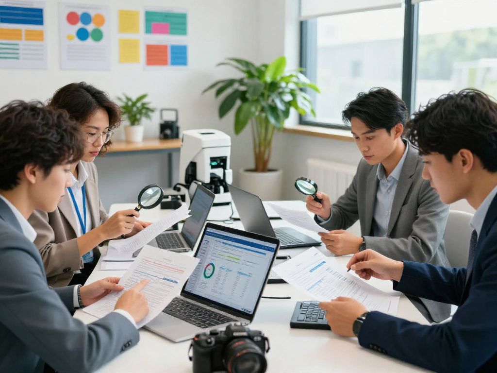 Team conducting document fraud detection analysis in a modern office.