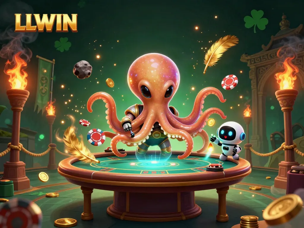 Engage with LLWIN's vibrant online casino universe featuring an alien octopus and poker elements.