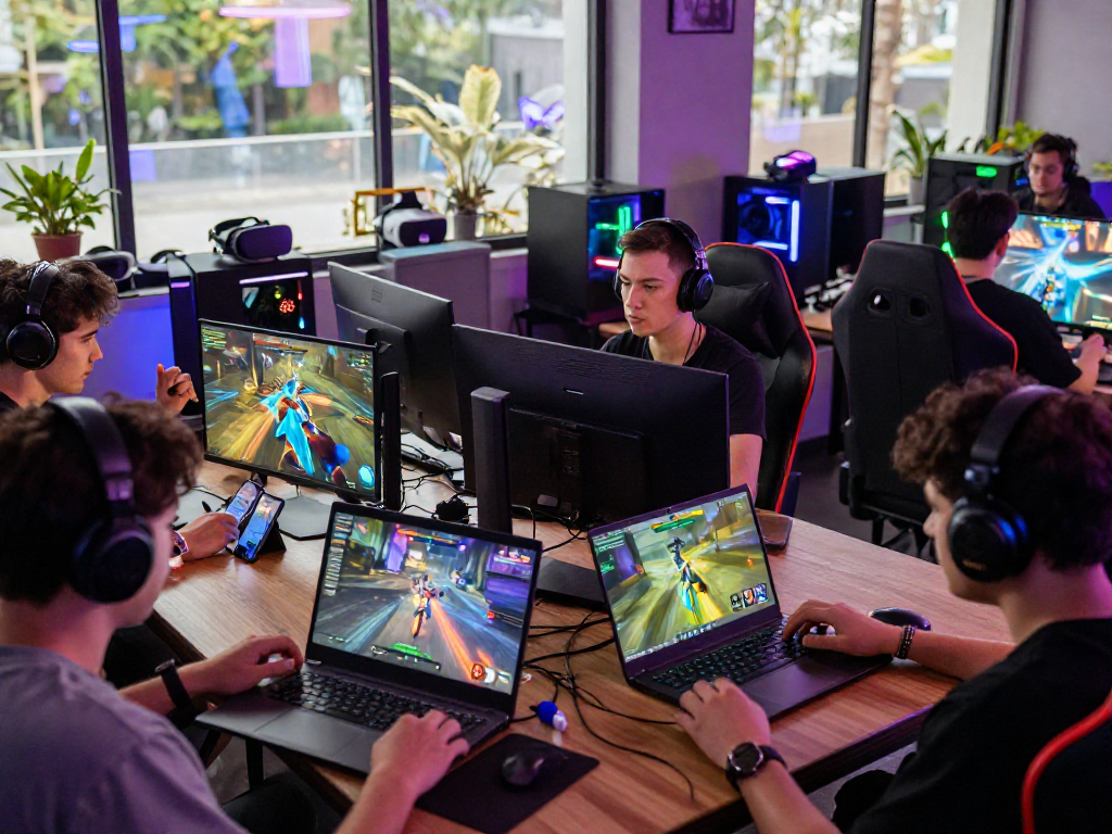 Exciting scene of gamers enjoying online sex games on multiple devices in a vibrant gaming lounge.
