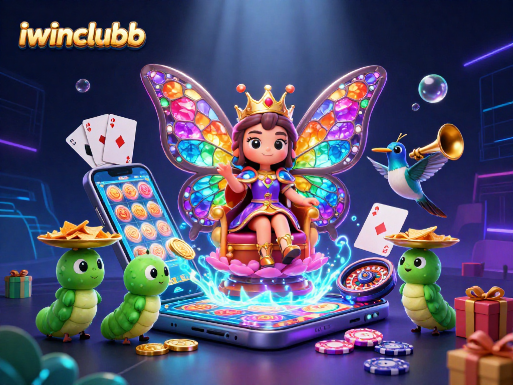 Experience iwinclubb's vibrant casino realm with a dazzling butterfly queen and dynamic gaming elements.