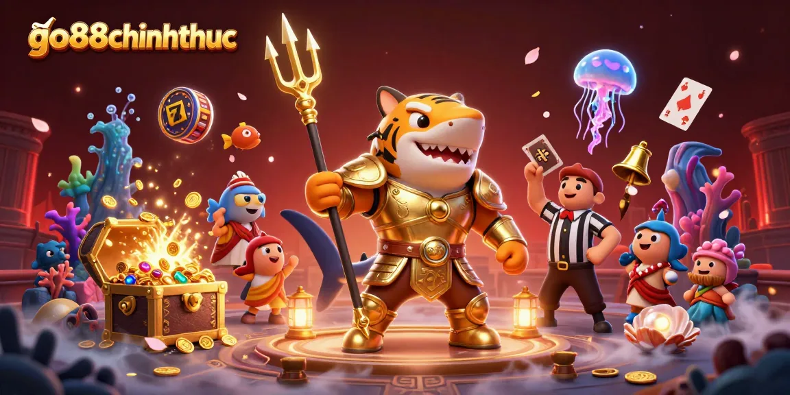 Engage with go88chinhthuc as a tiger shark gladiator conquers underwater slots in an electrifying scene