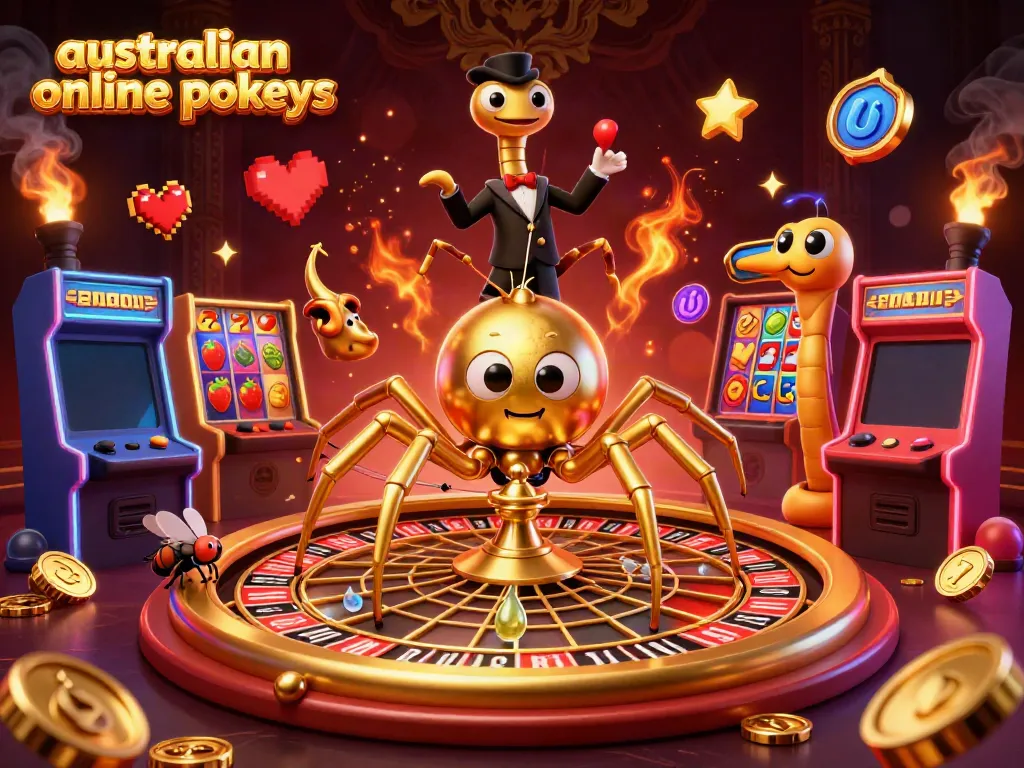 Experience the thrill of australian online pokies with a dynamic scene of a spider roulette and vibrant slots.