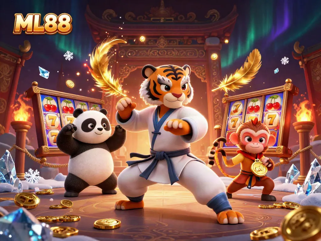 Engage in thrilling gaming at ML88 with a 3D scene of animated characters and vibrant slot reels.