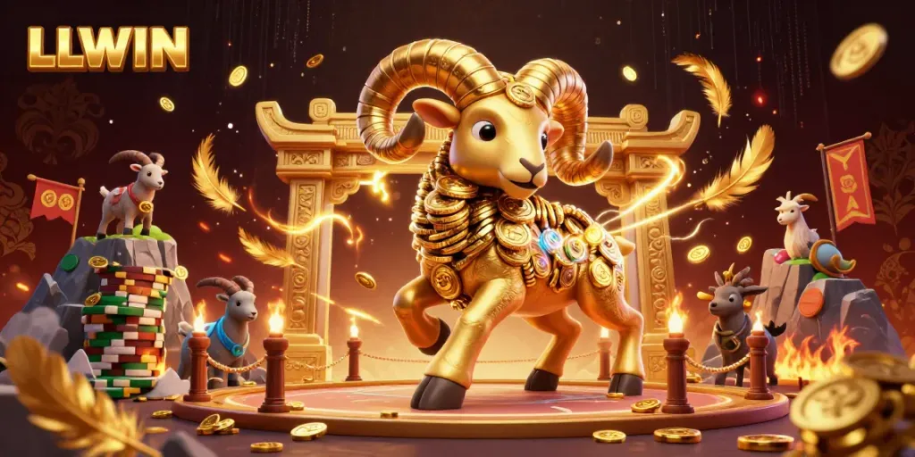 Experience thrilling action at LLWIN with a golden ram charging into a dynamic casino scene.