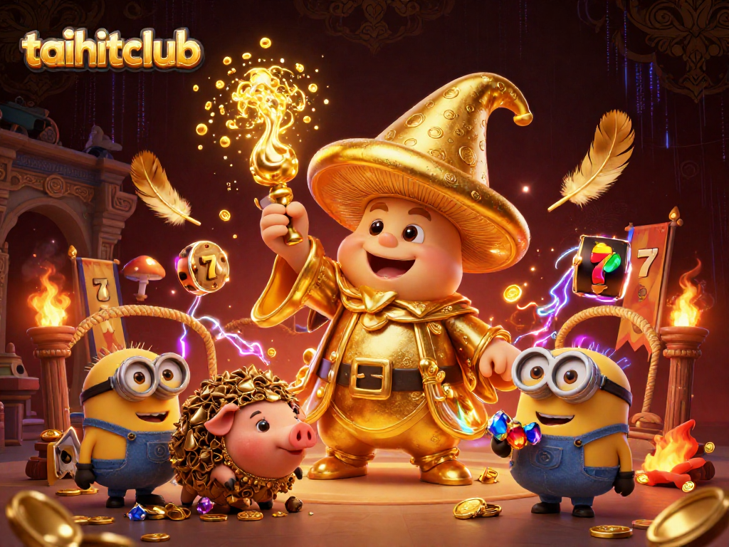 Engage with taihitclub in a vibrant 3D scene featuring a magical wizard and treasures.