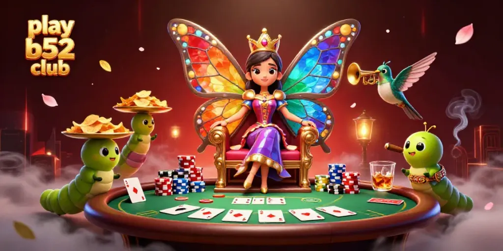 Join the fun and play B52 Club with vibrant casino elements and a colorful butterfly queen.