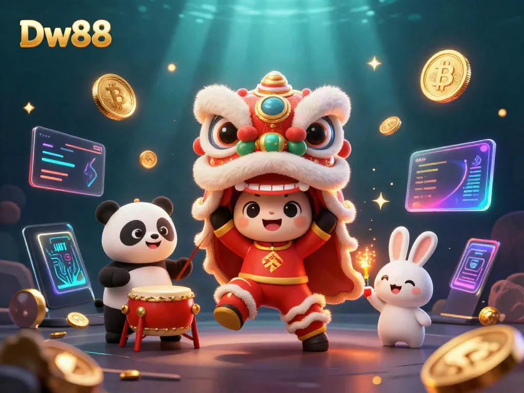 Experience thrilling gameplay with Dw88, featuring vibrant lion dance characters and crypto elements.
