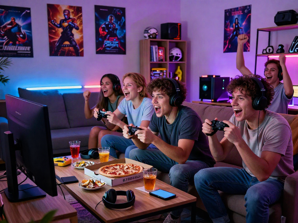 Friends engaging with rokok88 apk in a colorful gaming room filled with snacks and excitement