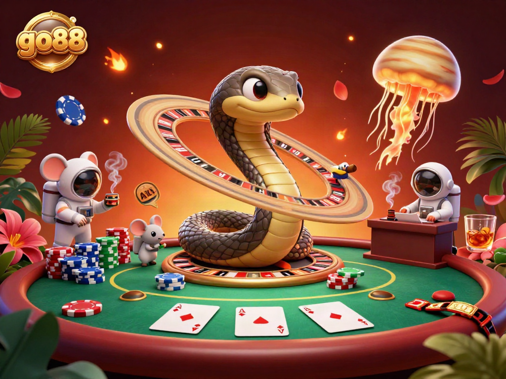 Place bets in the cosmic go88 casino arena with a roulette wheel and poker chips.