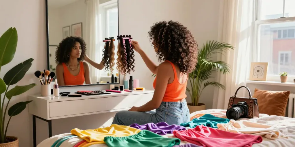 Styling curly clip ins for natural curls in a bright apartment.