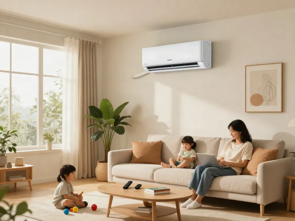 Modern living room featuring a 2400 btu mini split air conditioner providing efficient cooling in a stylish and cozy family setting.