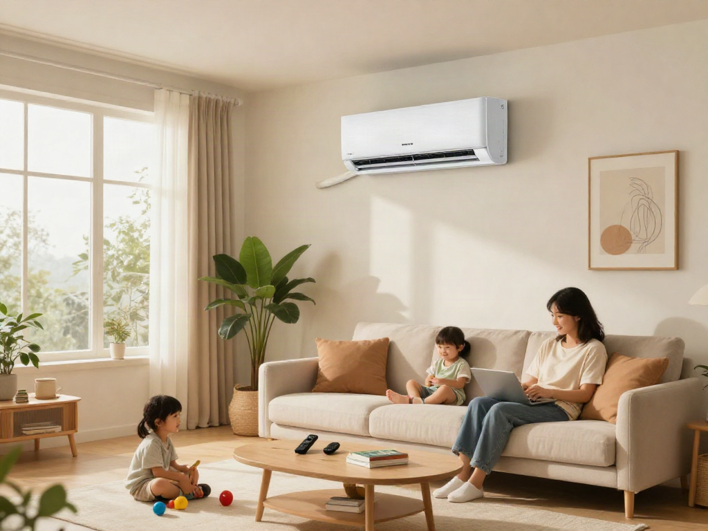 Modern living room featuring a 2400 btu mini split air conditioner providing efficient cooling in a stylish and cozy family setting.