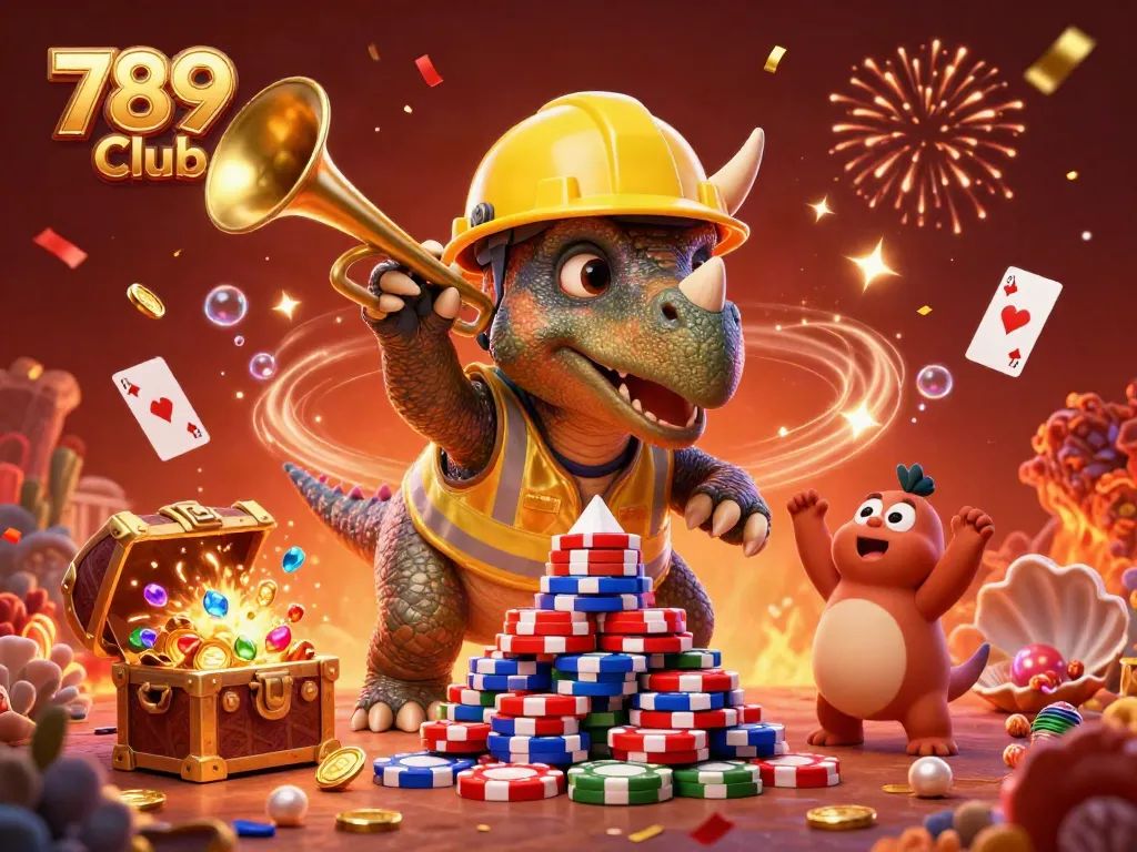 The 789 Club scene illustrates a triceratops creating poker chip pyramids amidst underwater treasures and festive celebrations.