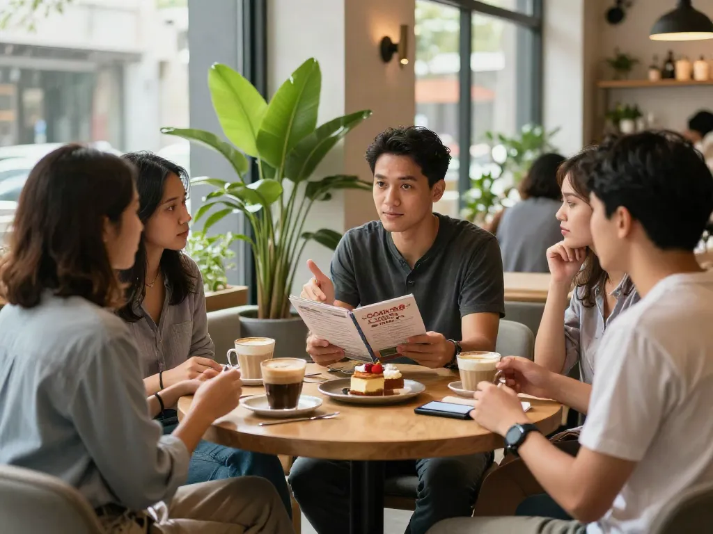 Friends discussing their experiences with rokok88 alternatif at a modern café, enhancing social engagement.