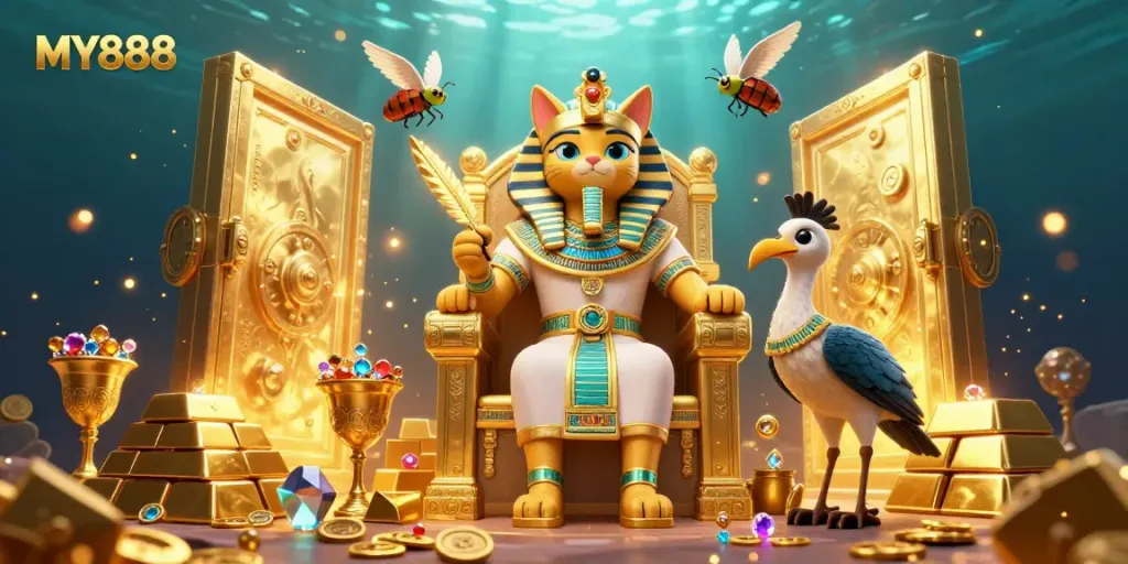 Experience MY888 with a 3D Egyptian pharaoh cat and treasures in this vibrant casino scene.