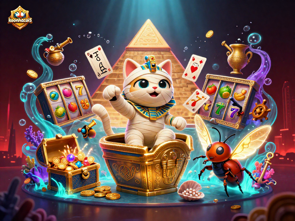 Engaging keonhacai5 scene with a mummy cat and treasures in a vibrant pyramid casino