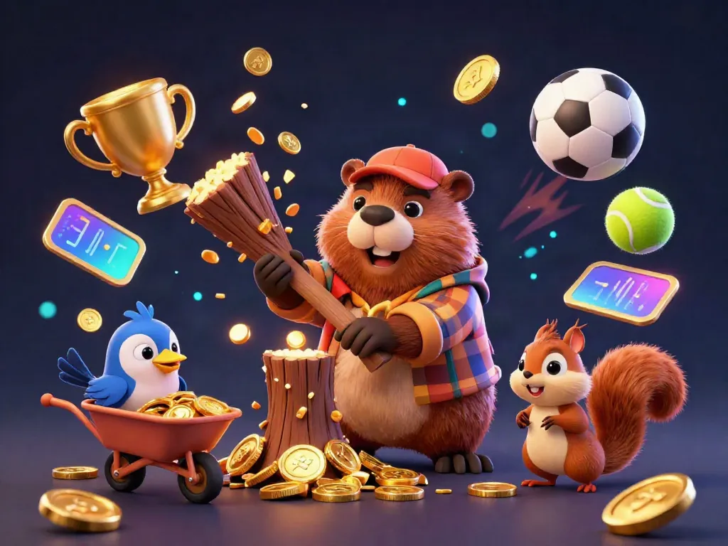 Join Phantom333 adventure with a lumberjack beaver collecting gold coins amidst dynamic sports elements.
