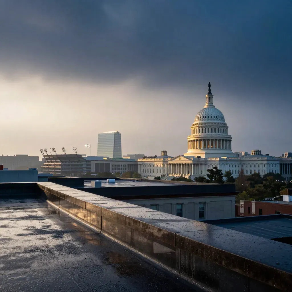 Washington, D.C. dawn skyline with the Capitol dome under storm clouds and rain haze.