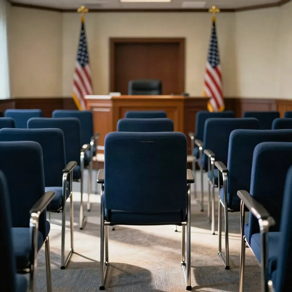 Empty White House briefing room with blue chairs, flags, and podium edge before a press briefing.