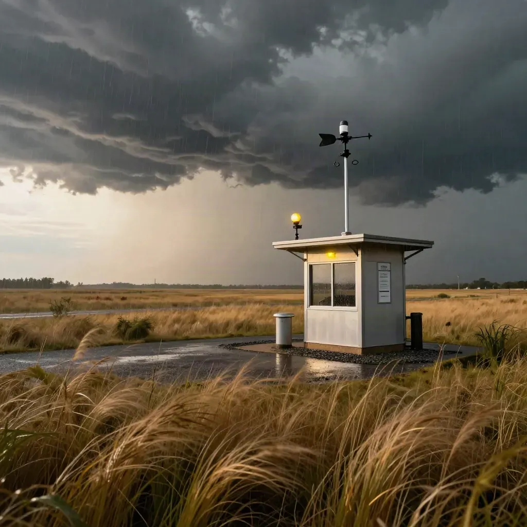 Thunderclouds over a roadside weather station as prairie grass bends in wind and rain.