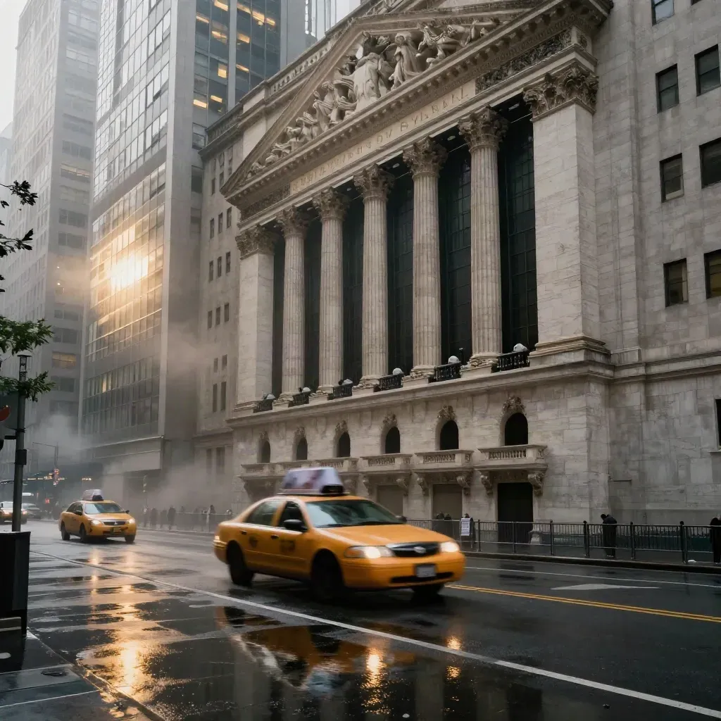 NYSE facade at first light with mist, taxi reflections, and glowing windows.
