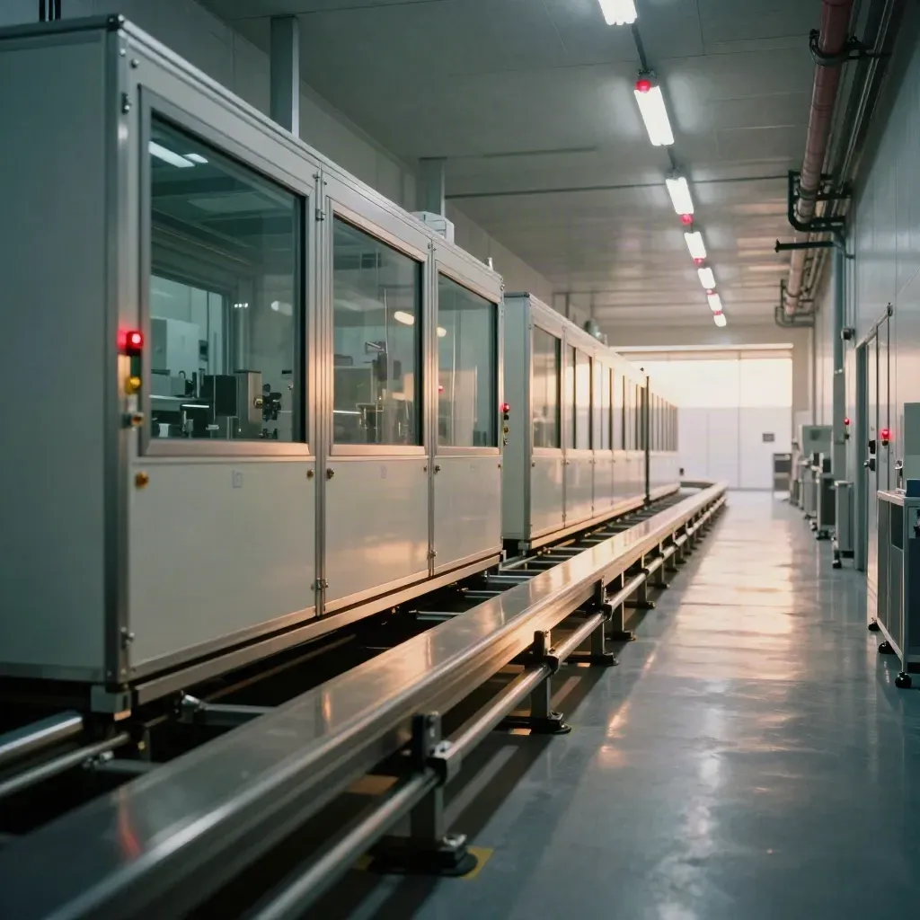 Low fab corridor with a sealed wafer pod and blinking aisle lights in blue haze.