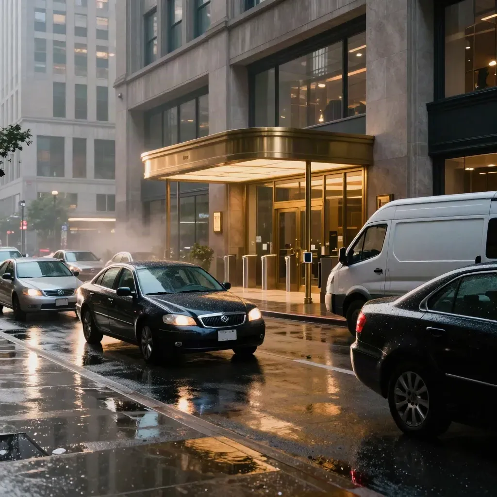 Wet brokerage entrance with traffic, glowing lobby glass, and fog on a late-afternoon city block.