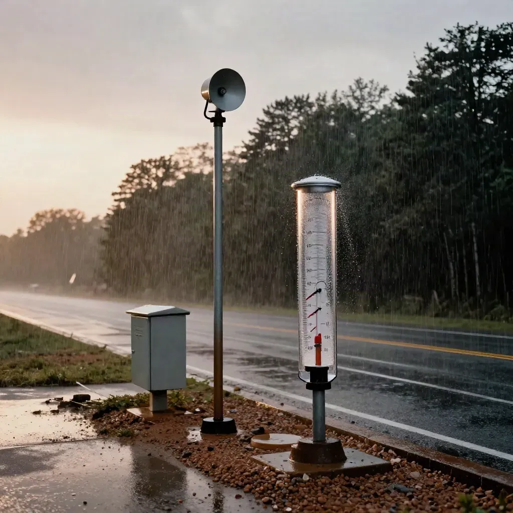 Roadside weather station in rain at dusk with a siren mast and rain gauge beside a dark tree line.