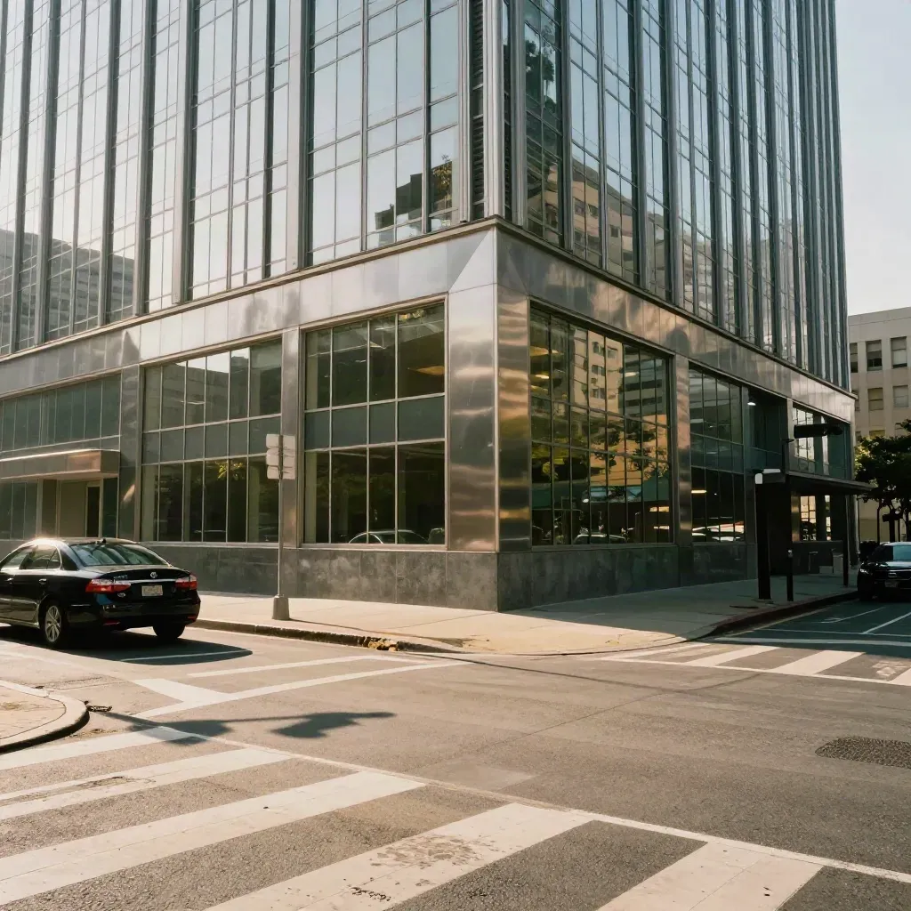 Low-angle city crosswalk beside a glass office tower in hard noon light.