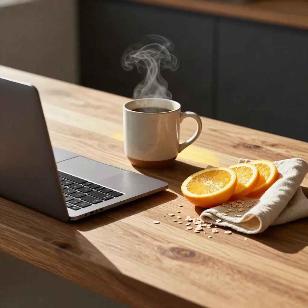 Steam rises over a closed laptop, coffee mug, citrus slices and folded cloth on a walnut counter.