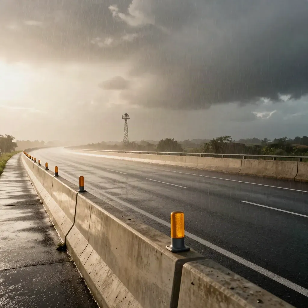 Rain bands sweep a highway overpass toward a distant radar tower in stormy late-afternoon light.