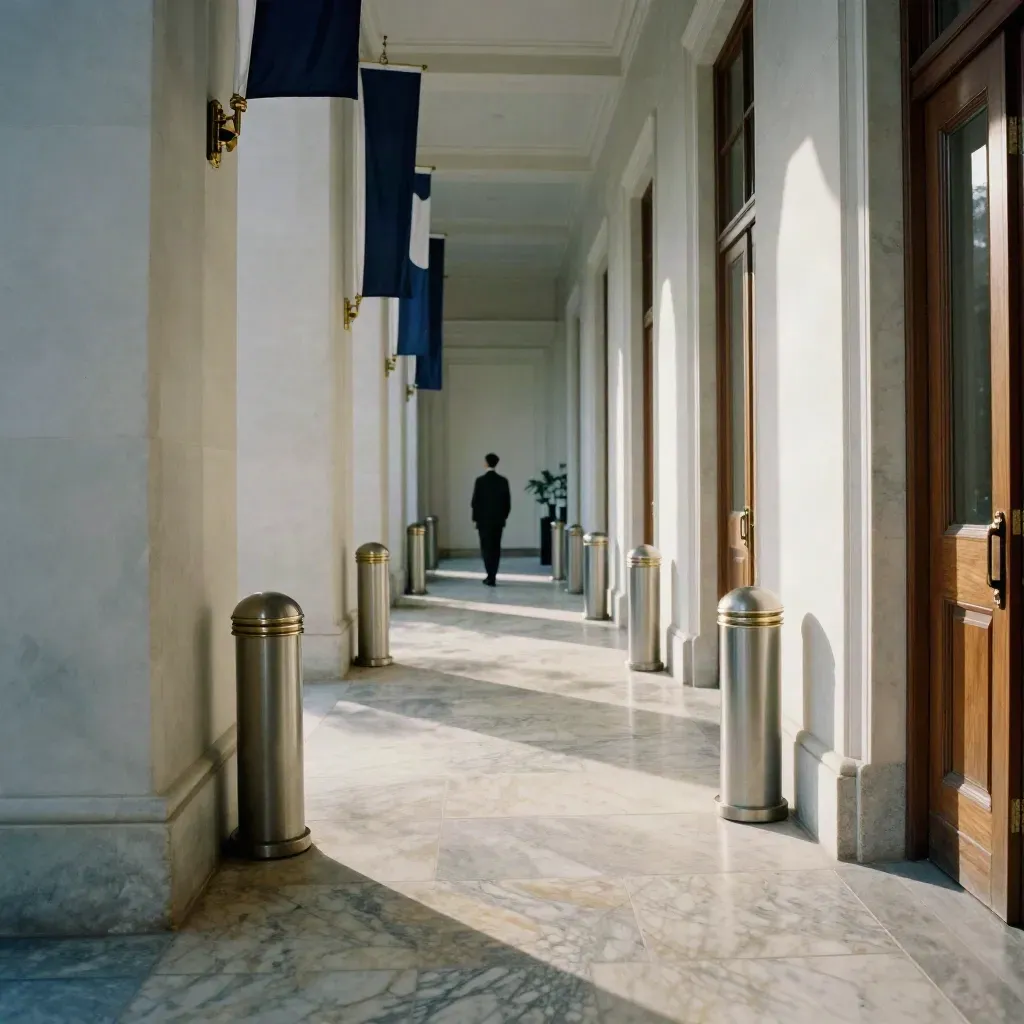 Empty marble corridor near the White House with flags, doorframes, and bollards
