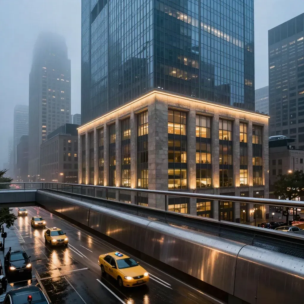 Blue-hour exchange district glass towers, lit facade and taxi reflections seen from a bridge.
