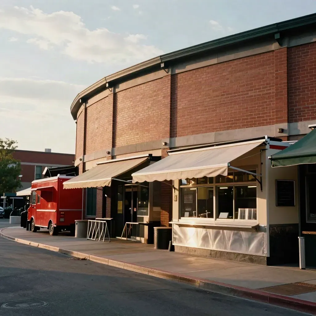 Ballpark and food-truck street corner under a breezy clouded sky