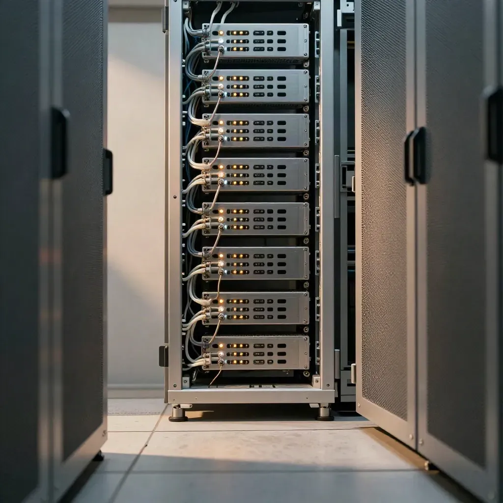 Low-angle server aisle with chip trays, cooling tubes, and pulsing indicator lights