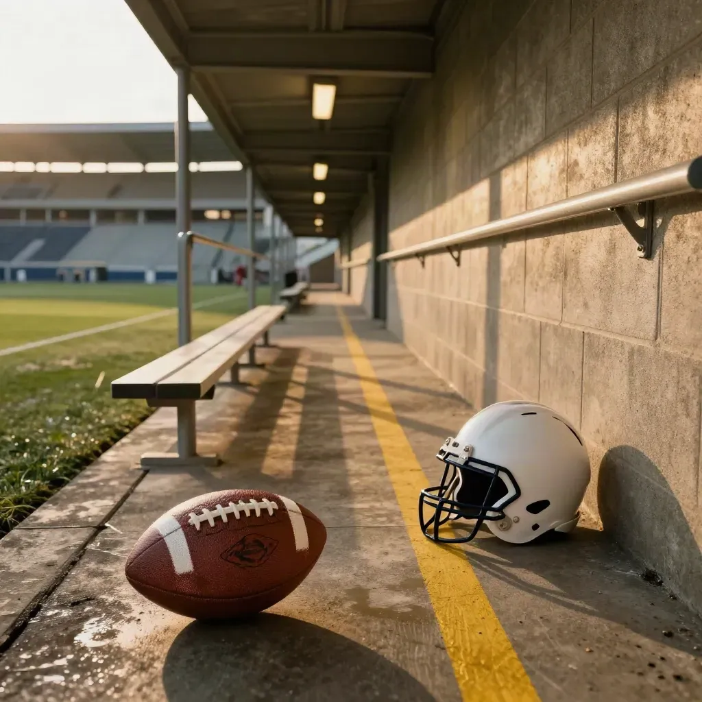 Empty stadium tunnel with a football, helmet, and long bench shadows in warm late-afternoon light