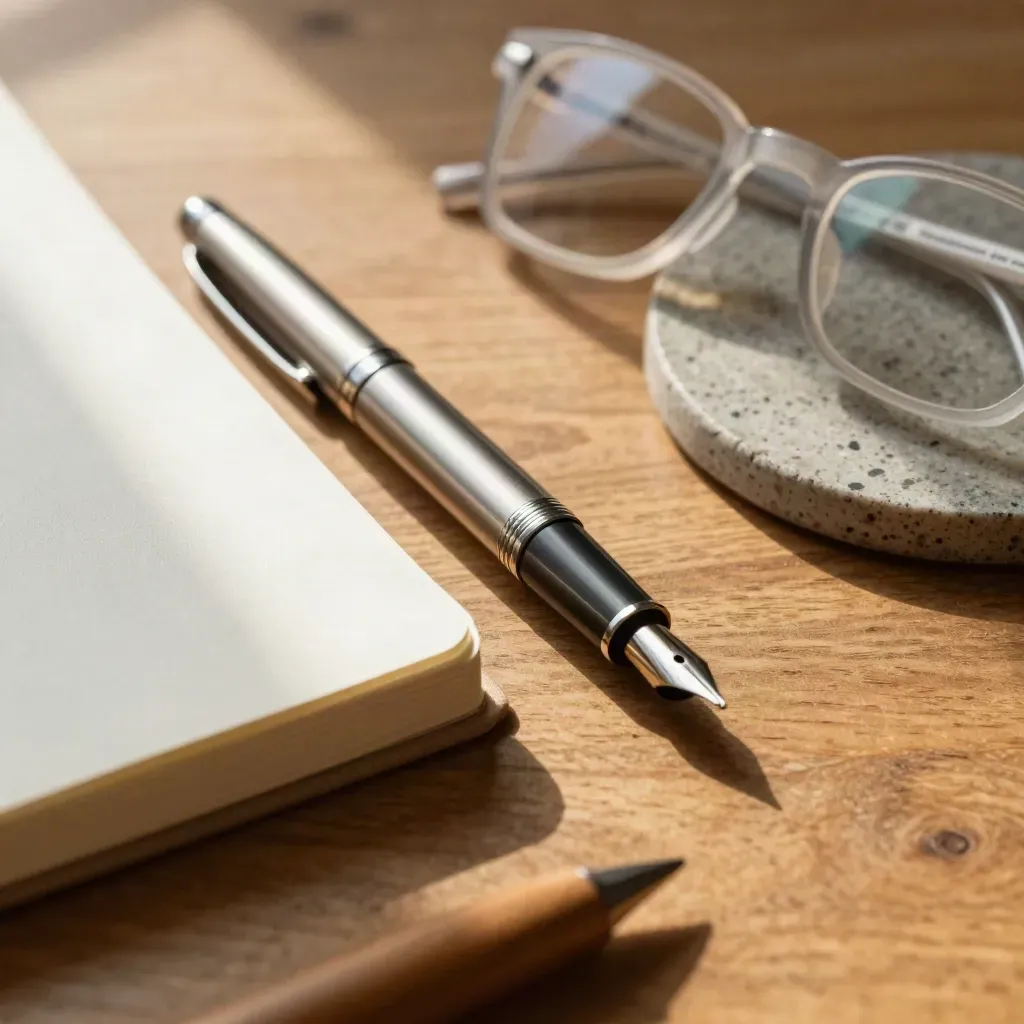 Oak writing desk still life with fountain pen, cream notebook, white-framed glasses, and stone coaster.