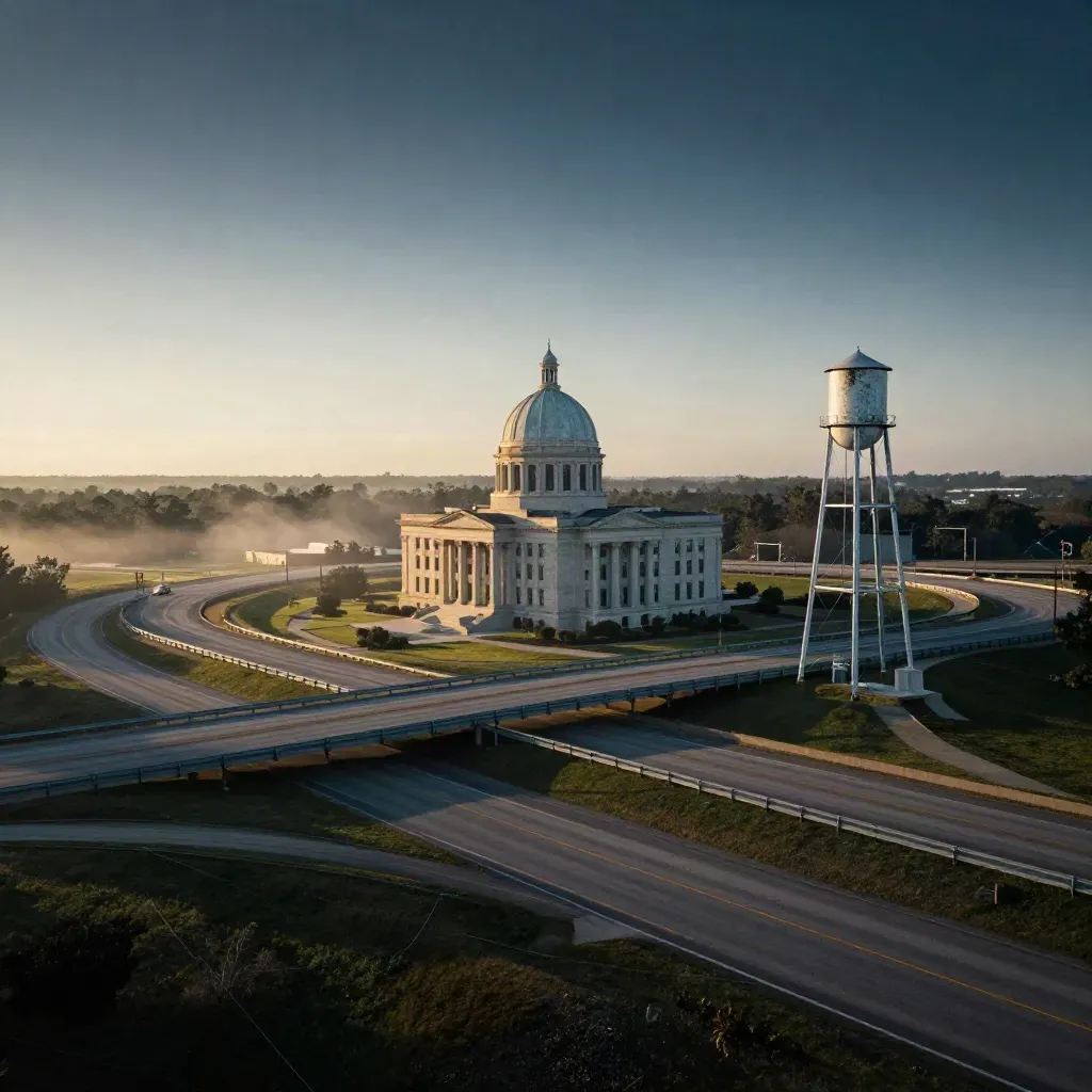 Courthouse dome, water tower, and highway cloverleaf in early haze at sunrise.