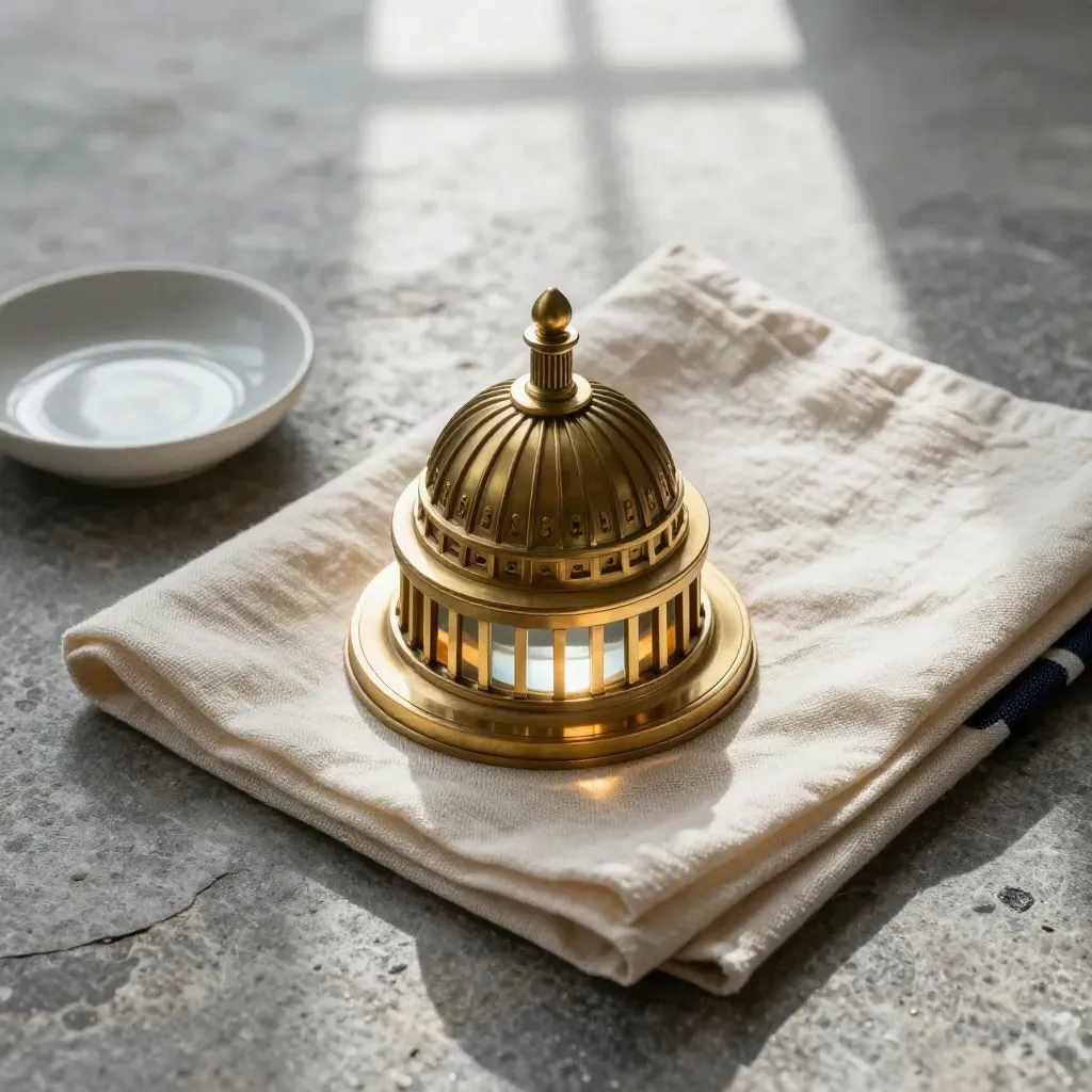 Overhead still life of a brass Capitol dome paperweight with cream linen and a ceramic dish on stone.