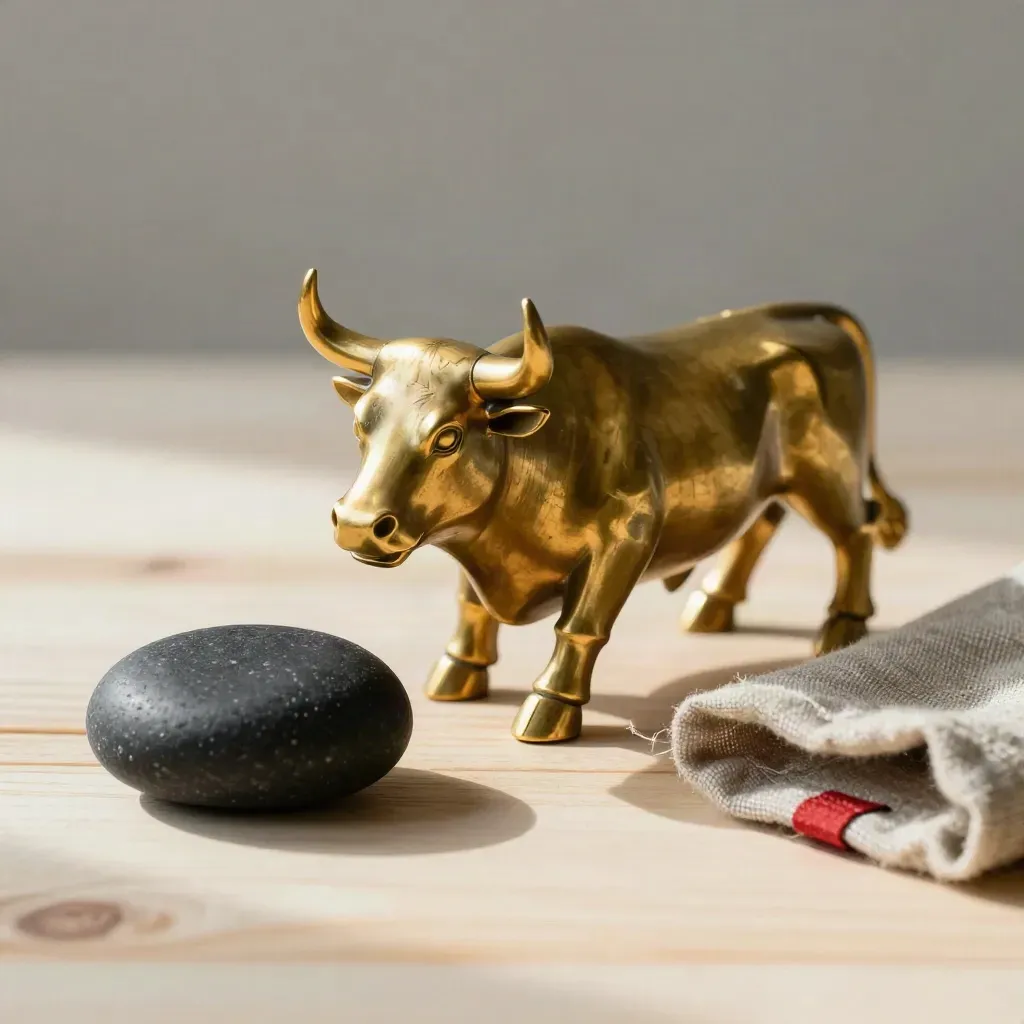 Brass bull with charcoal pebble, pale wood block, and linen on a pale wood surface in soft light.