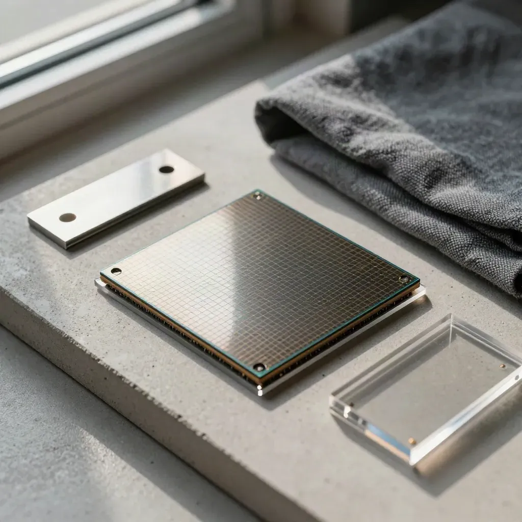 Silicon wafer in a clear tray with gray cloth and brushed metal on concrete