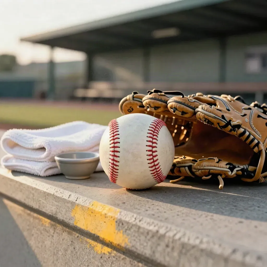 Game-used baseball beside glove, towel, and bowl on a concrete dugout ledge