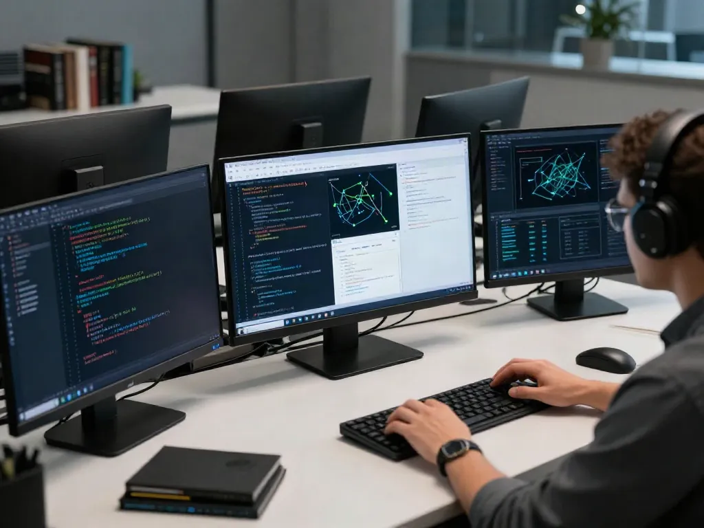 Web application penetration testing in a modern cybersecurity workspace, showcasing advanced tools and analytics.