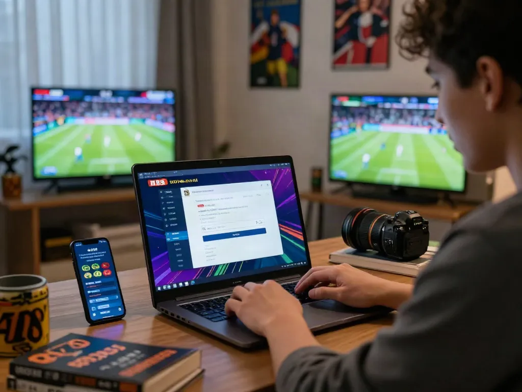 Engaged user exploring m88.com login alternatif at home during a sports event.
