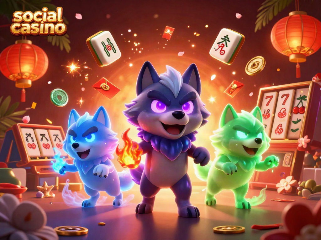 Experience the thrilling visuals of a social casino with a dynamic trio of ghostly wolves and vibrant game elements.